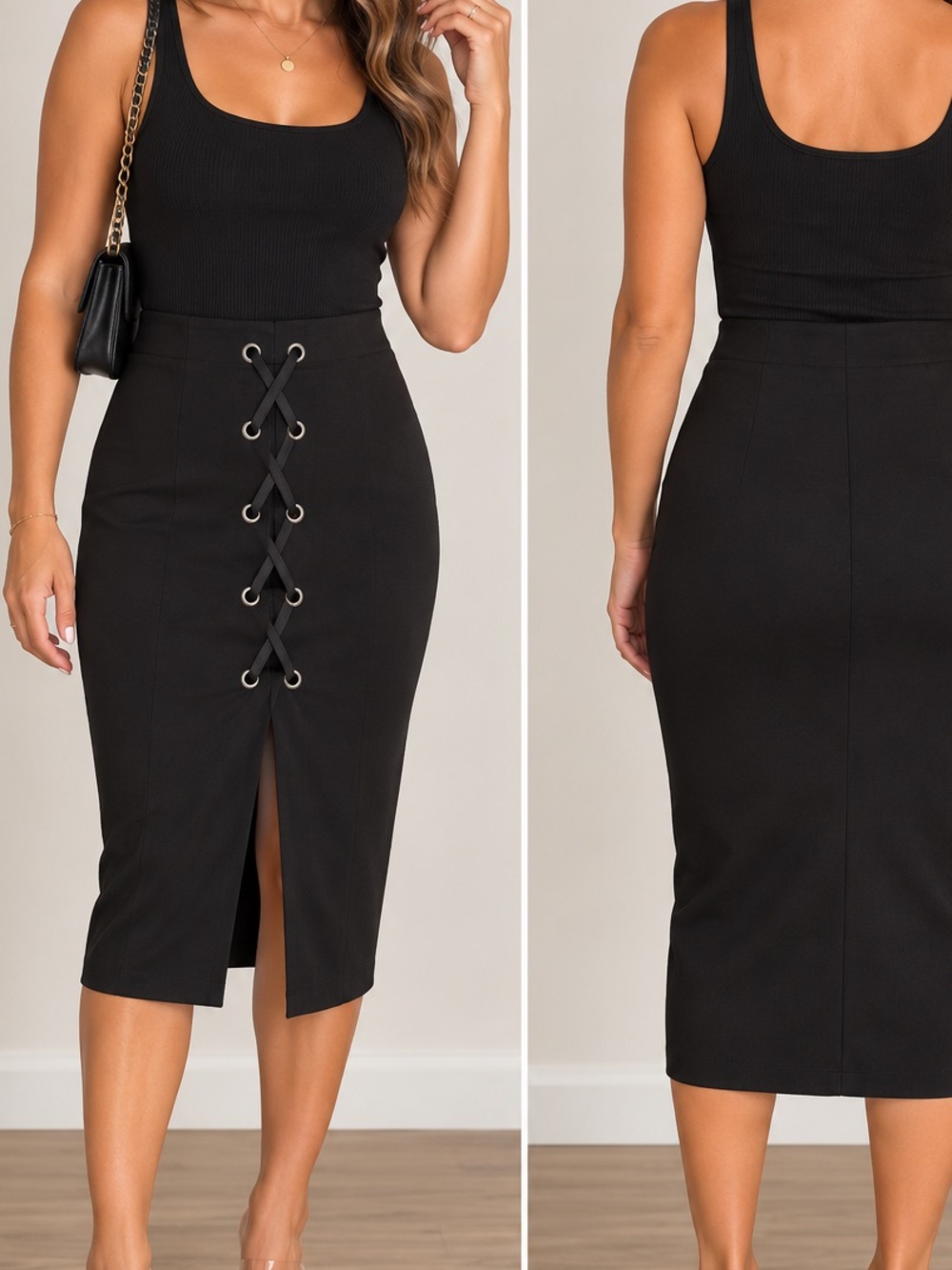 Hot & Delicious Black Lace-Up Front Midi Skirt
